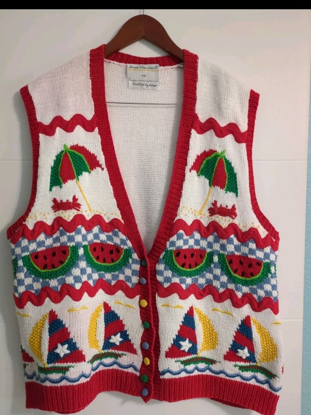 Vintage Marisa Christina Hand Knit Summer Theme Colorful Vest Granny Core Sz 1X